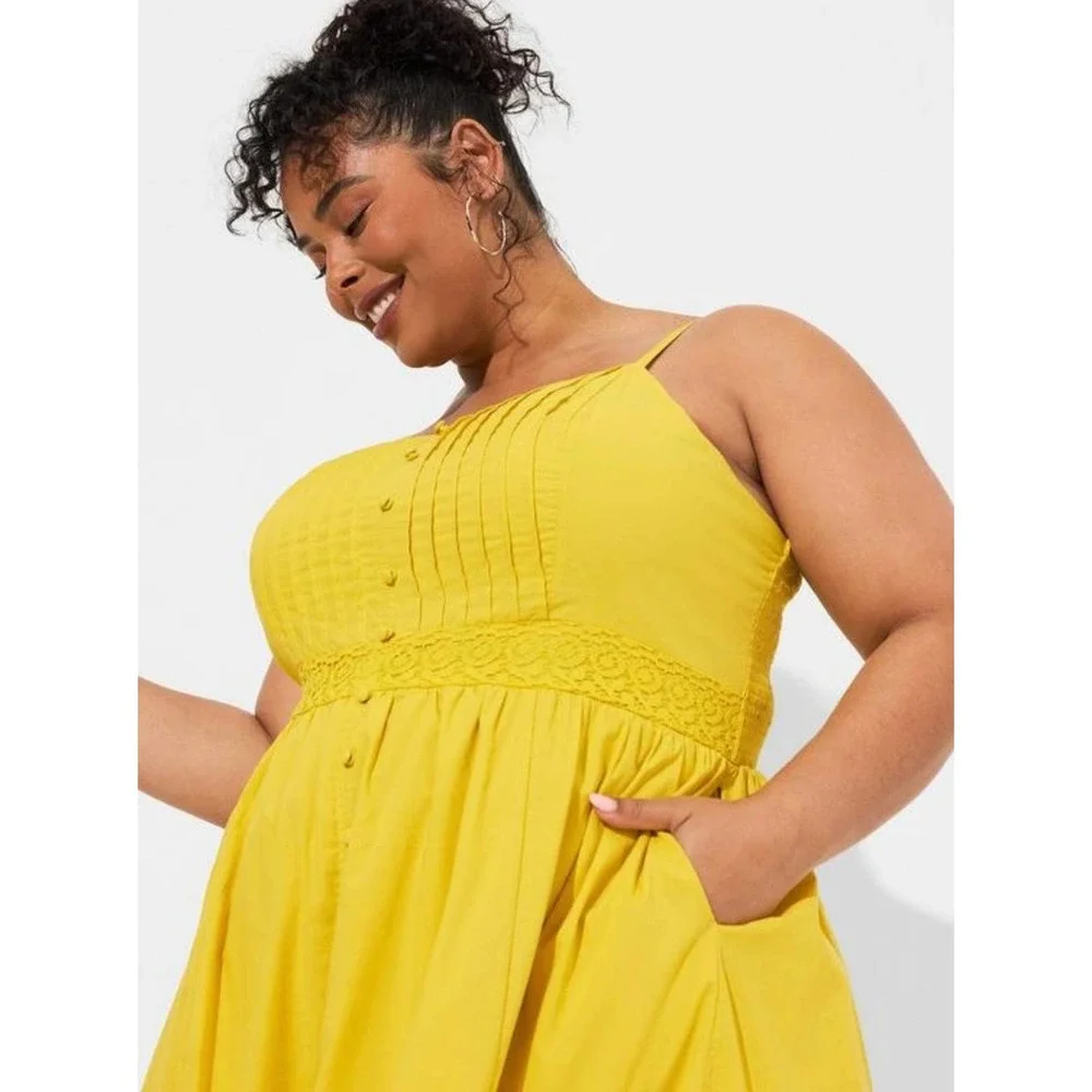 Torrid Women's Yellow Voile Stripe Lace Button Front Sleeveless Midi Dress NWT - Picture 3 of 5